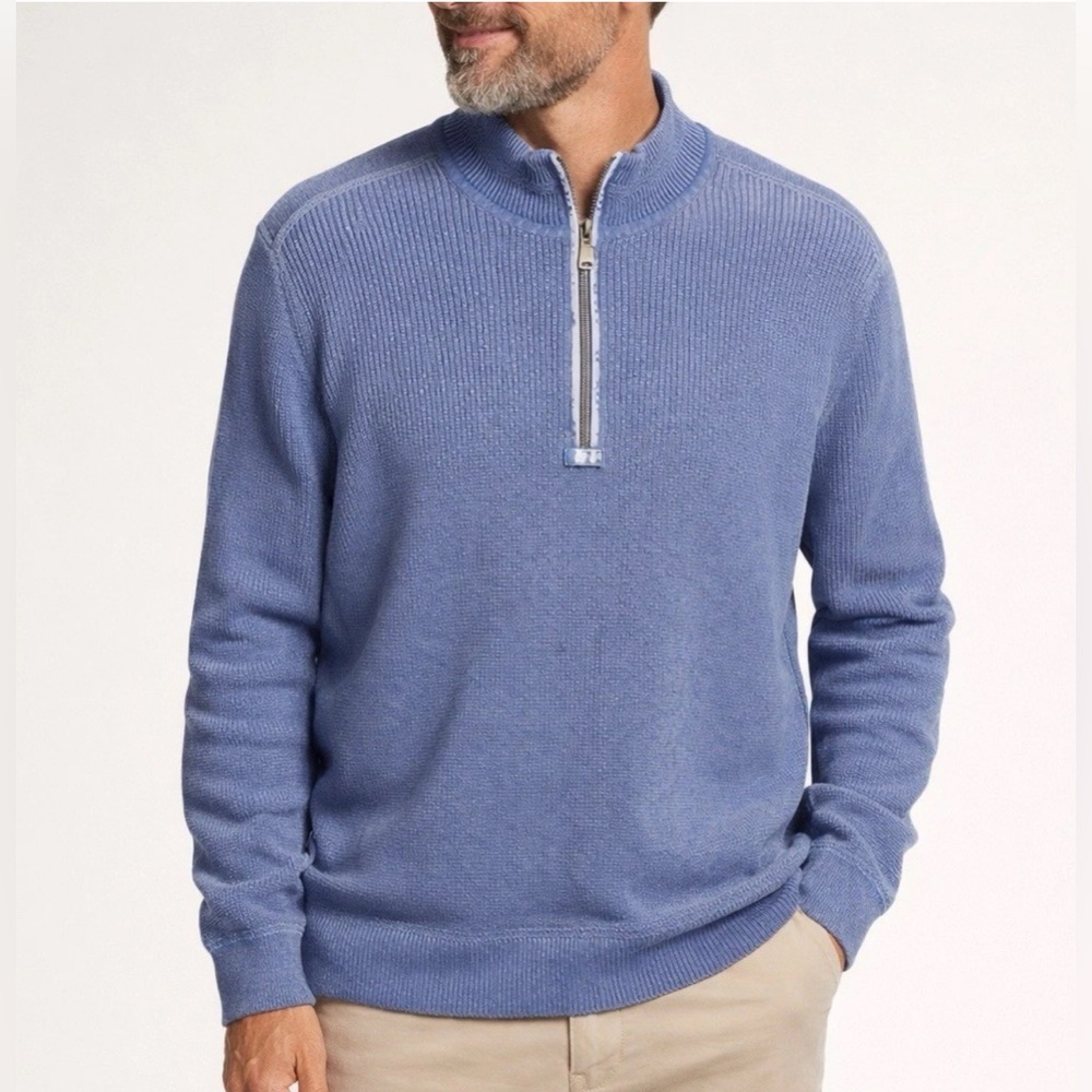 Tommy Bahama men's quarter-zip pullover faded blue ribbed sweater medium